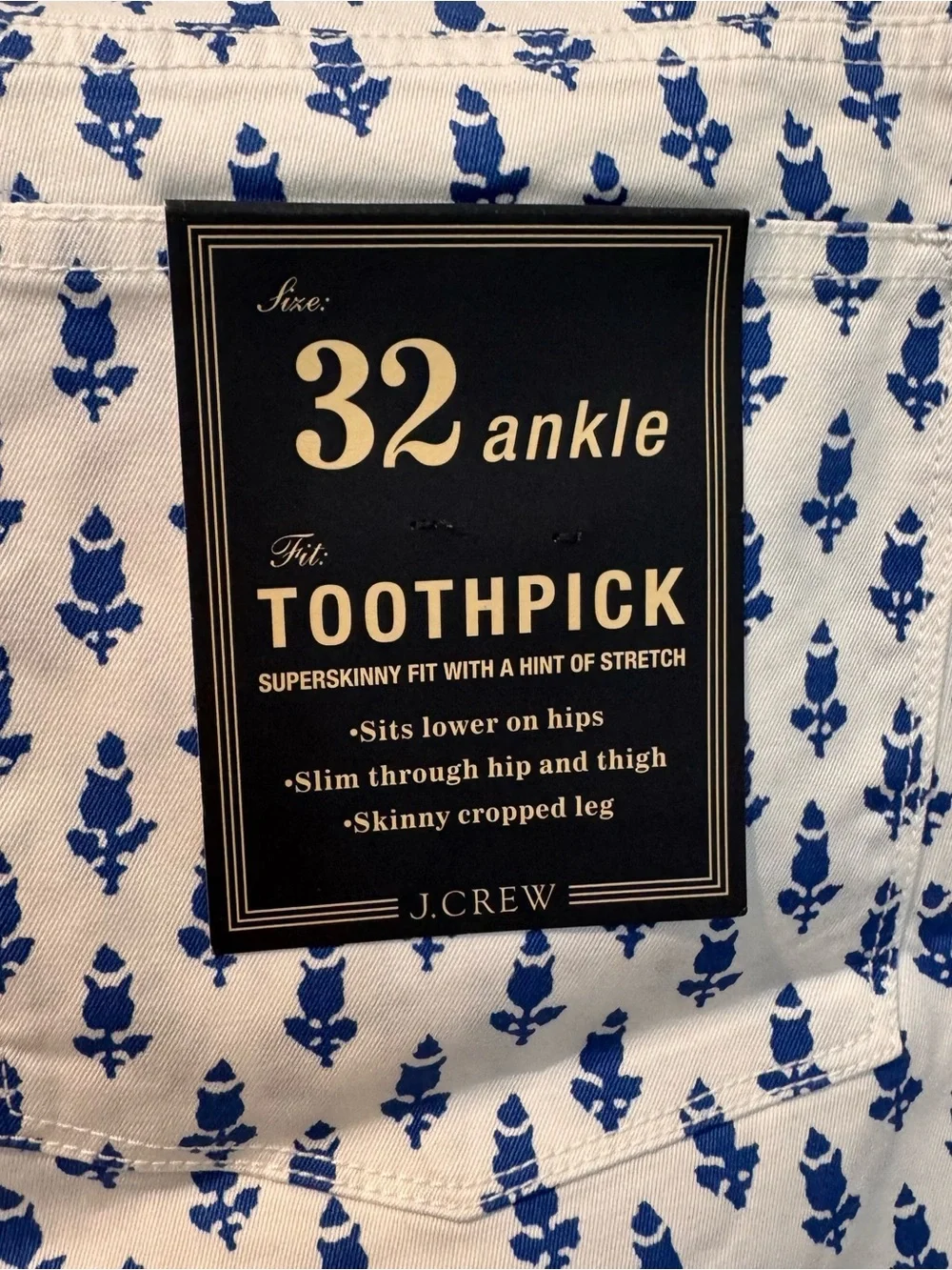 J. Crew White Ankle Toothpick Pants with Blue Floral Print